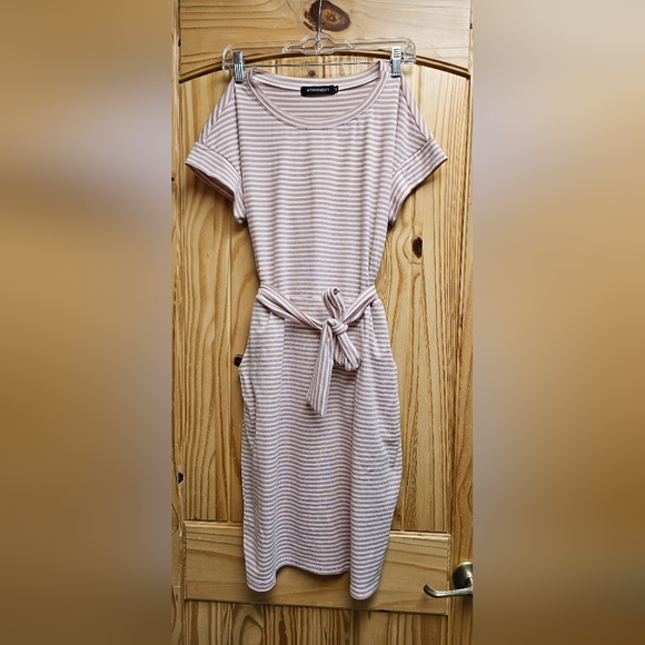 Women's Summer Striped Short Sleeve T Shirt Dress Casual Tie Waist - Picture 3 of 5